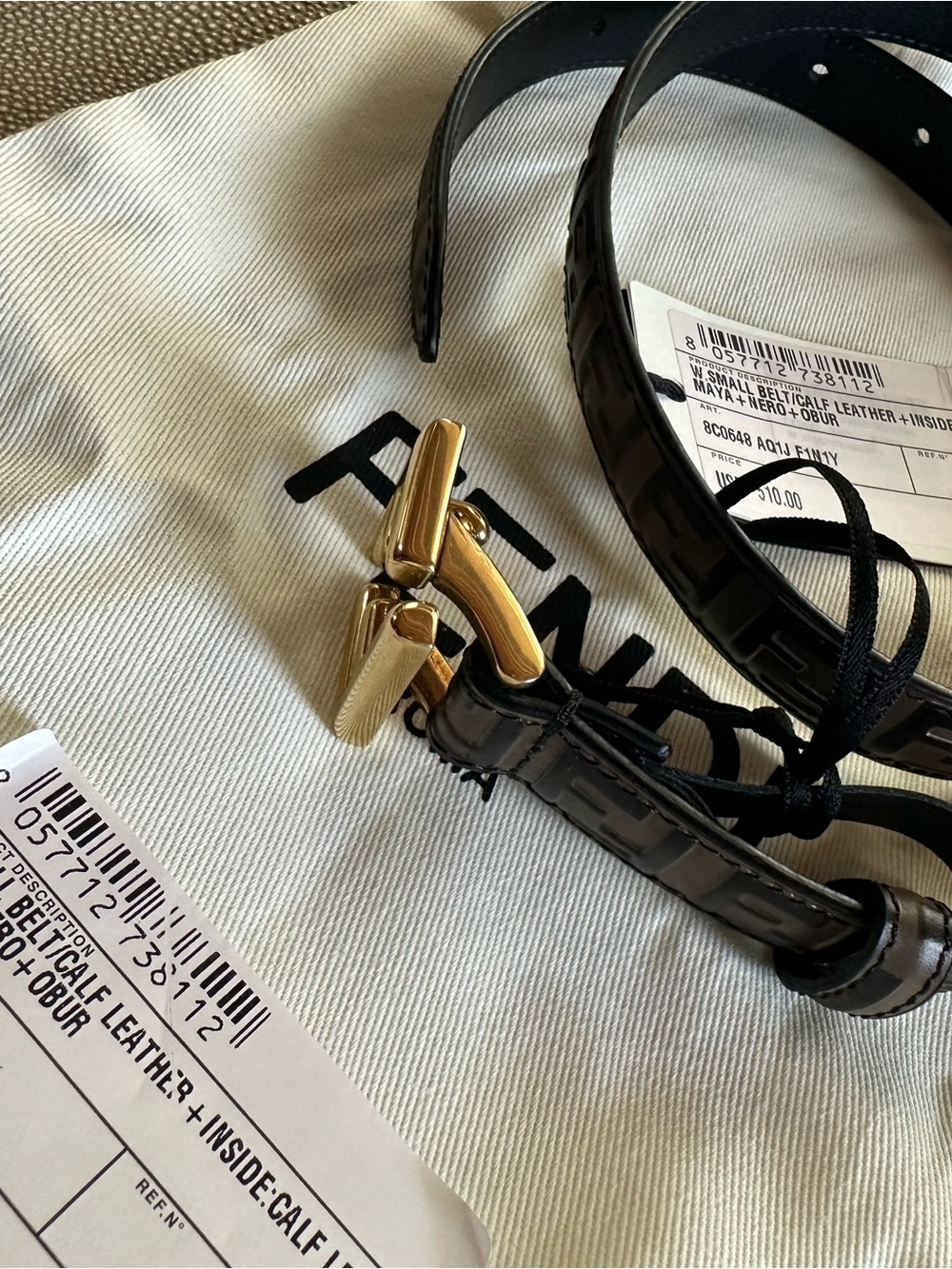 Fendi Black Leather Belt with Gold-Tone Chain Buckle